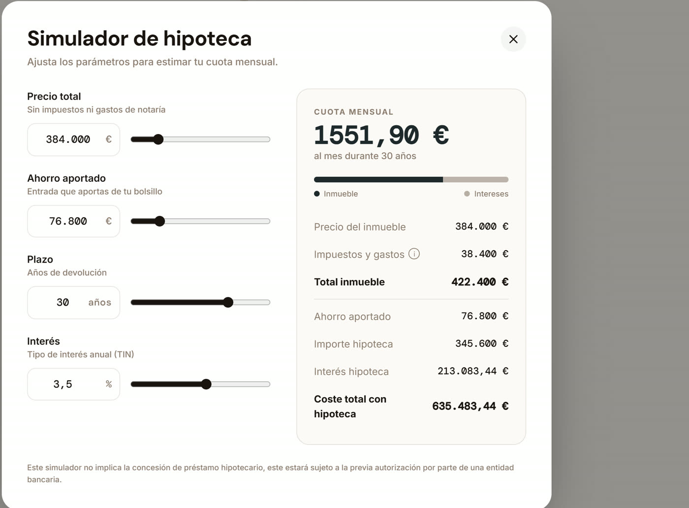 Mortgage simulator built into the new-build configurator