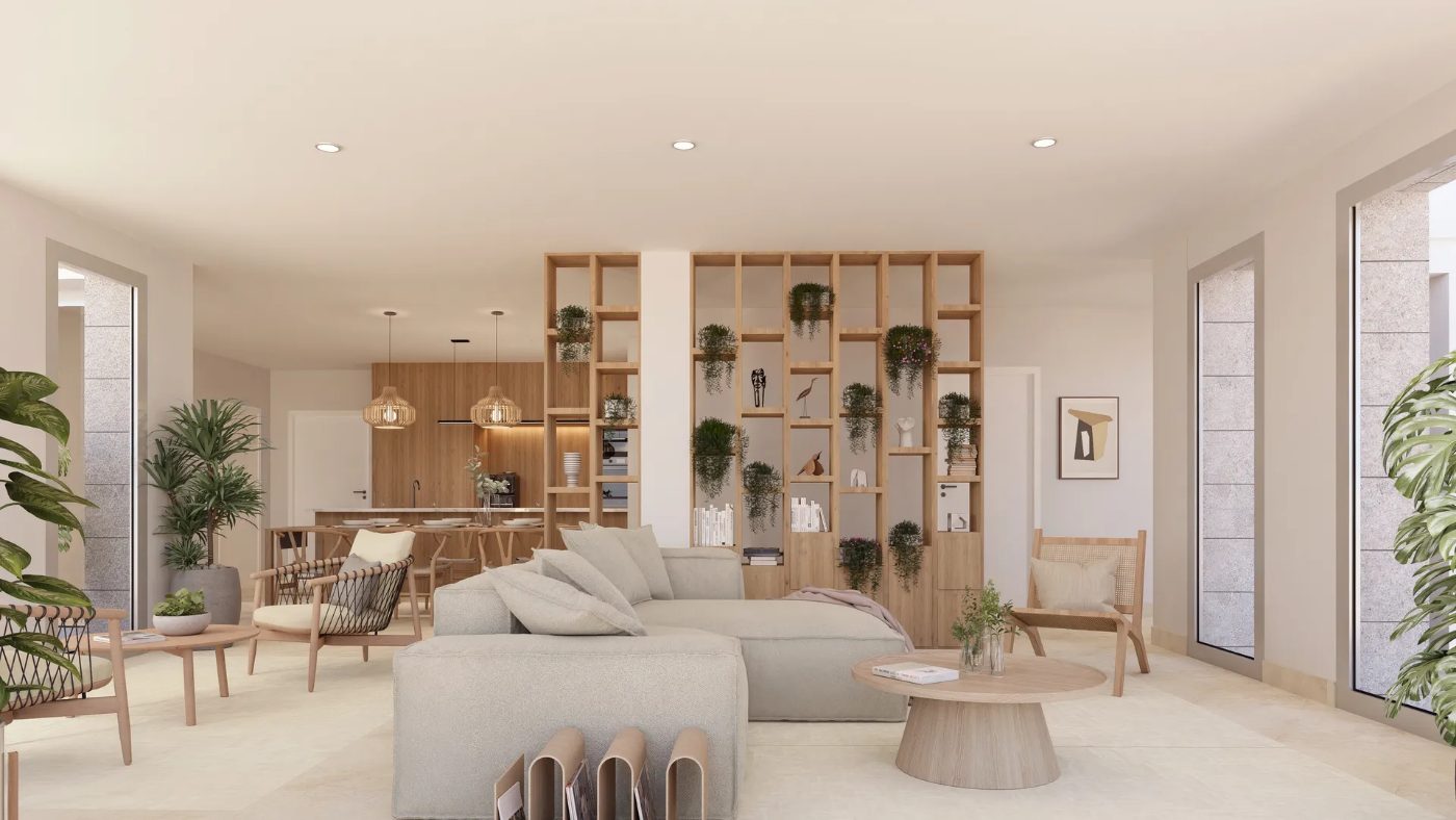 Virtual tour of a new-build home living room, navigable interior walkthrough