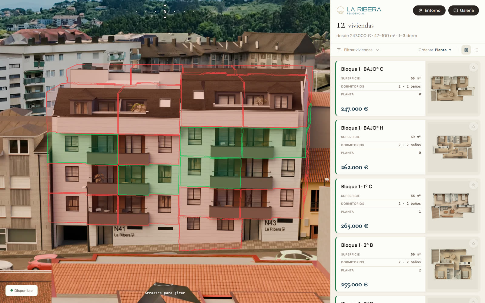 Configurador 3D de obra nova: edifício navegável com disponibilidade e preço ao vivo